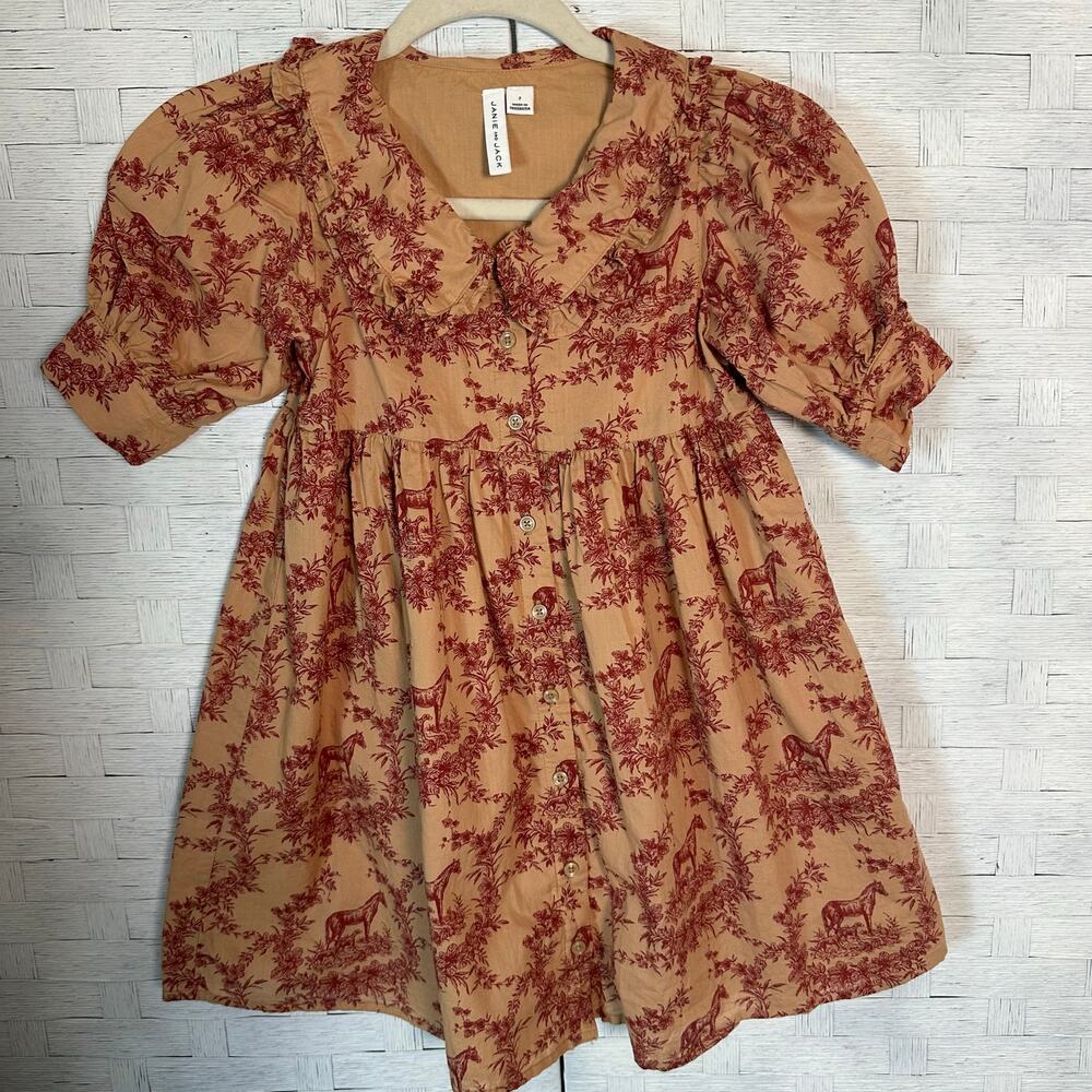 Janie & Jack girls dress cottage core puff sleeves equestrian toile prairiecore